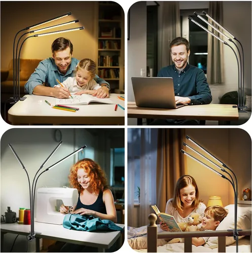 Miniatura 9 de ShineTech Lámpara de escritorio LED con abrazadera, iluminación ultra ancha de 3 cabezales, 4 modos de color, lámpara de trabajo de cuello de cisne
