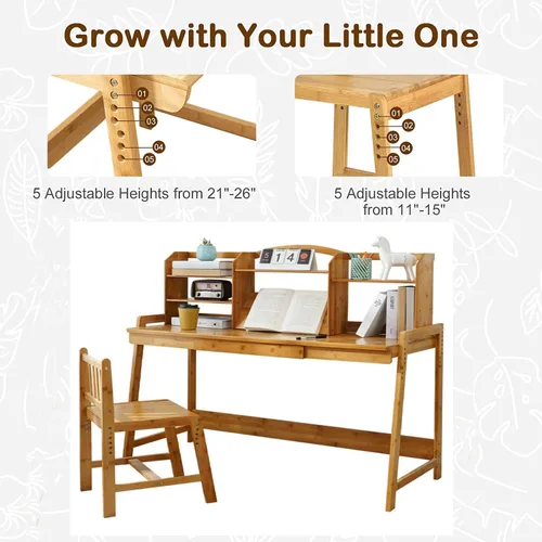 Miniatura 3 de UNICOO Juego de escritorio y silla para niños, escritorio de estudio de bambú ajustable en altura con gabinete de almacenamiento y estantería, mesa