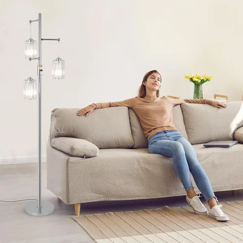 Miniatura 3 de Lámpara de pie moderna de cristal para sala de estar, lámpara de pie regulable de 3 luces, lámpara de árbol industrial plateada con pantalla