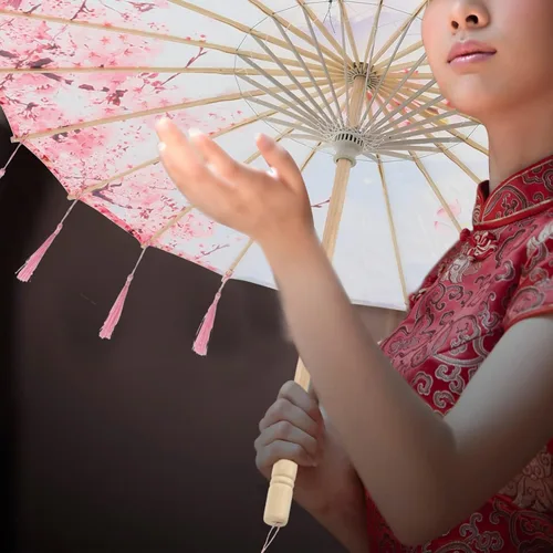 Miniatura 5 de Homoyoyo Sombrilla de tela con patrón de flores, sombrilla de tela de seda japonesa china con bolsa de borlas, kimono Hanfu, suministros de disfraz
