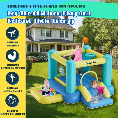 Miniatura 2 de Casa Inflable de Rebote para Niños de 3 a 6 Años, Castillo Hinchable para Interiores y Exteriores con Fosa de Pelotas, Aro de Baloncesto, Juego