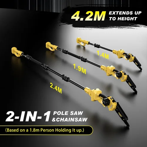 Miniatura 2 de Sierras de poste eléctricas 2 en 1 para recortar árboles, mini motosierra inalámbrica de 8 pulgadas con poste de extensión, motor sin escobillas