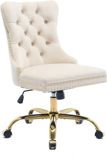 Warmiehomy Silla de oficina con respaldo copetudo, silla de escritorio de terciopelo con base dorada, sillas de maquillaje giratorias de altura
