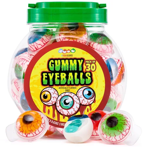30 Gomitas de Ojos, Dulce de Ojos Espeluznante en 4 Sabores, Gomitas Blandas con Relleno de Gelatina Afrutada, Envueltas Individualmente, de