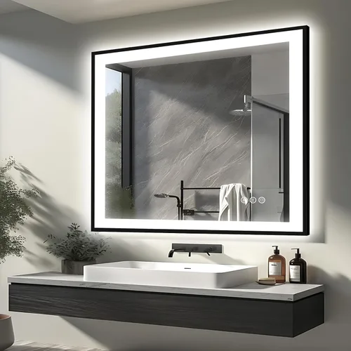 Miniatura 79 de EchosLife Espejos de baño LED de 20 x 28 pulgadas para pared, marco de aluminio negro (frontal y retroiluminado), espejo de tocador antivaho