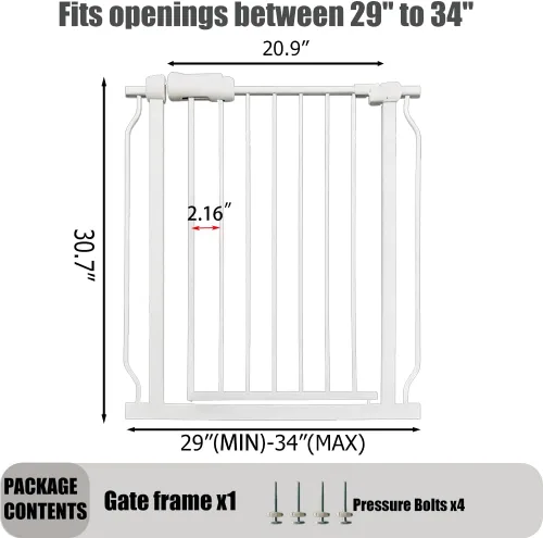 Miniatura 2 de Puerta para bebés y mascotas de 29 a 34 pulgadas, metal blanco, montada a presión, puerta de seguridad para escaleras y puertas estrechas