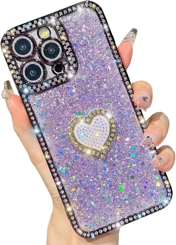 Miniatura 11 de Bling Glitter Heart compatible con iPhone 13 Pro de 6.1 pulgadas, bonito protector de cámara completo brillante para mujer, funda de teléfono Oro