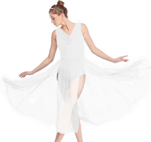 Miniatura 2 de PAOTIT Vestido de baile lírico de tul sin espalda, vestido de ballet moderno, falda larga de encaje dividida