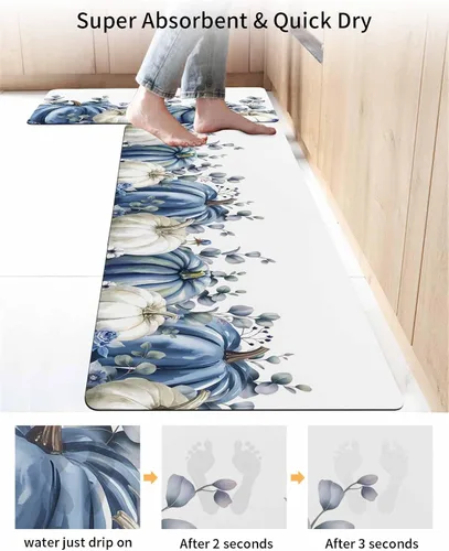 Miniatura 4 de Tapete de baño con calabazas azules y blancas, antideslizante, de secado rápido y absorbente, con tierra de diatomeas, fregadero de cocina, tapete