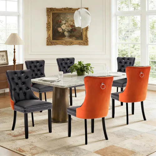 Miniatura 57 de Juego de 4 sillas de comedor de terciopelo, sillas de comedor tapizadas con ribete de cabeza de clavo y patas de madera maciza para cocina