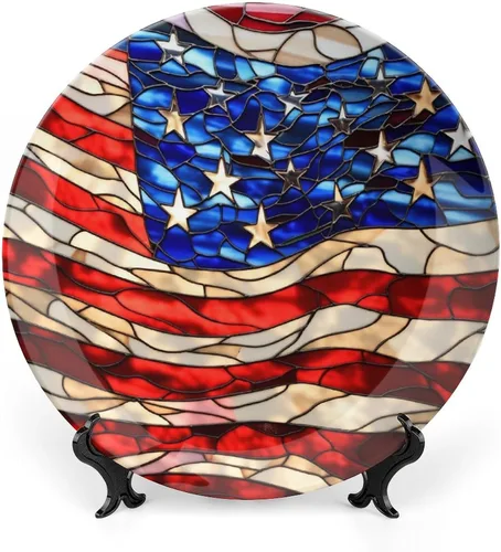 Platos decorativos para decoración del hogar, bandera de Estados Unidos, bandeja decorativa con estampado de vitrales azules y rojos para exhibición