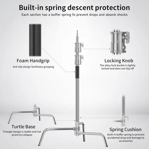 Miniatura 5 de Soporte C, soporte de luz para fotografía, soporte en C resistente con poste de acero inoxidable de 10.8 pies, capacidad de carga de 45 libras
