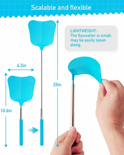 Miniatura 2 de Wapodeai Paquete de 2 matamoscas resistente, matamoscas telescópico, mango de acero inoxidable para matamoscas (azul)