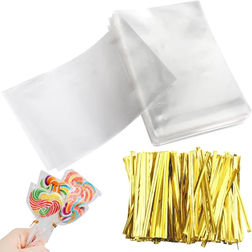 Miniatura 9 de Augshy Bolsas de celofán, 300 bolsas de violonchelo de 5 x 7 pulgadas para piruleta con 320 lazos giratorios, bolsas de plástico OPP de 1.4 mils