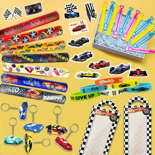 Miniatura 5 de Juego de 120 piezas de recuerdos de fiesta de autos de carreras, decoraciones de cumpleaños de automóvil, incluyendo pulseras de palmada, llaveros