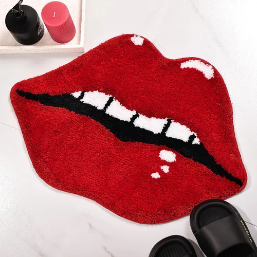 Miniatura 3 de Panstar Alfombra de baño de labios rojos, bonita y divertida alfombra de baño con forma de labios mordedores, antideslizante, absorbente, alfombra