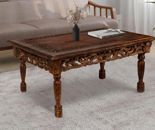 Miniatura 8 de Mesa de café rectangular de madera con talla Jali, mesa de café estilo granja, mesa rústica central, estilo de mediados de siglo, muebles rústicos