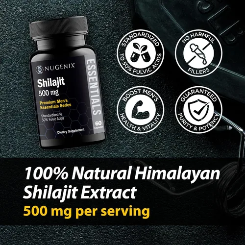 Miniatura 3 de Nugenix Essentials Shilajit Cápsulas Suplemento para hombres y mujeres - 500 mg, estandarizado al 50% de ácidos fúlvicos, Himalaya, 60 cápsulas