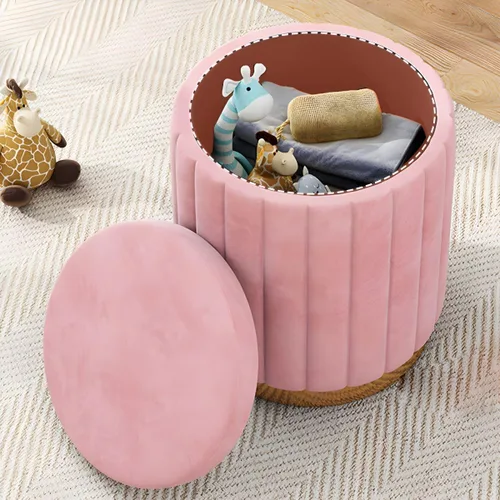 Miniatura 3 de Puf otomano para el hogar, otomano redondo de terciopelo con forma cilíndrica resistente a la decoloración con almacenamiento, reposapiés, taburete