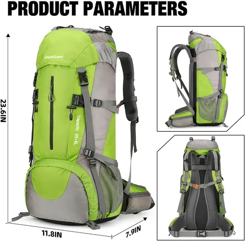 Miniatura 5 de King'sGuard Mochila de senderismo de 70L con cubierta de lluvia, mochila de viaje impermeable ligera para acampar, mochila grande Verde