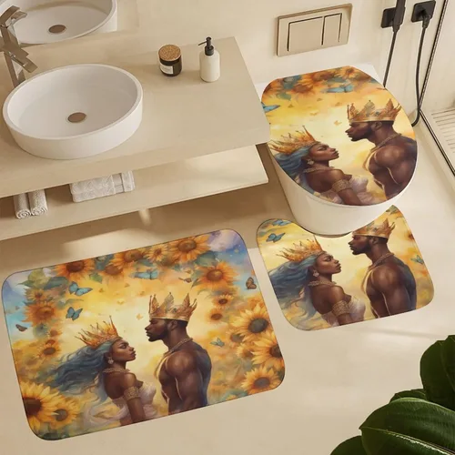 Juego de alfombras de baño Afro Black King Queen Romantic Love de 3 piezas con diseño de mariposa antideslizantes para suelo de baño, suaves y