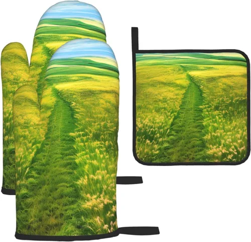Grassland Paths - Juego de 3 piezas de guantes antiquemaduras y soportes para ollas para cocina, hornear y asar a la parrilla, Navidad, Día de la