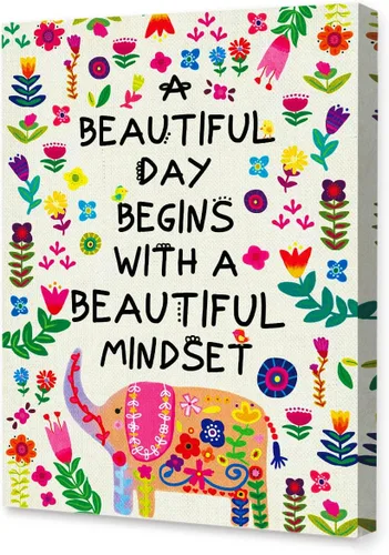 LISTNGBO Arte en Lienzo Enmarcado "Un Día Hermoso Comienza con una Hermosa Mentalidad", Impresión en Lienzo Motivacional con Flores Coloridas y