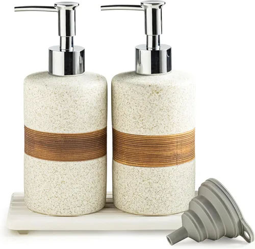 Miniatura 12 de Juego de dispensador de jabón de cerámica con embudo de silicona, jabón de manos, champú, gel de baño, dispensador de loción para cocina y baño