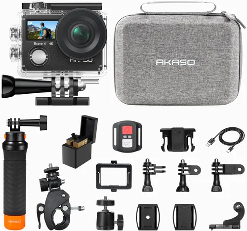 AKASO Brave 4 Cámara de Acción con Empuñadura Flotante Impermeable y Paquete de Bolsa de Transporte - 4K30 20MP Ultra HD EIS 131ft Cámara