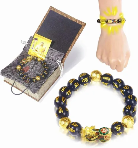 Feng Shui Bracelet Obsidian Bracelet, 24k Gold Plated PiXiu Dragon Protection for Men Women, 12mm Mantra Prayer Beads Bracelets Meditation