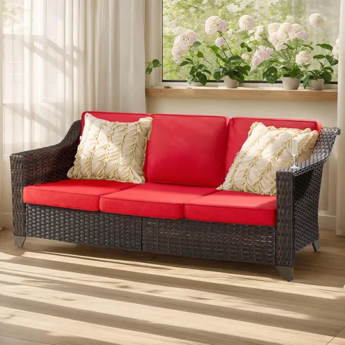Joyside Sofá de patio – Sofá de ratán de 3 plazas, sofá de respaldo alto para todo tipo de clima, tamaño grande mejorado con cojines de asiento de 4