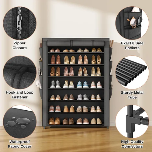 Miniatura 5 de VTRIN Zapatero con tapa, organizador de zapatos de 7 niveles para 35-40 pares de zapatos y botas, estante alto de gran capacidad con 8 bolsillos