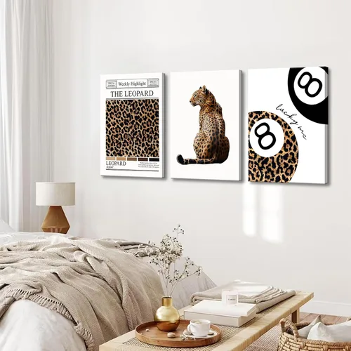 Miniatura 5 de Conjunto de 3 modernos pósteres de pared de leopardo en lona con bola de la suerte número 8, arte de pared elegante, decoraciones de pared