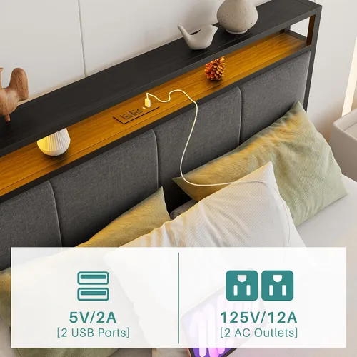 Miniatura 5 de Base de cama de tamaño matrimonial con luces LED, cabecera tapizada con estantes de almacenamiento y estación de carga, base de colchón LED