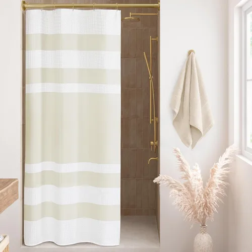 Miniatura 60 de Madison Park Cortina de ducha de tejido waffle con diseño a rayas en piezas, cortina de ducha de tela para baño con gestión de humedad 3M Rayas Taupe