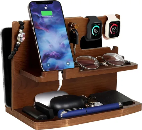 Miniatura 11 de Regalos para hombres Estación de carga 3 en 1 Compatible con estación de carga iPhone 16, organizador de mesa de noche de madera, perfecto