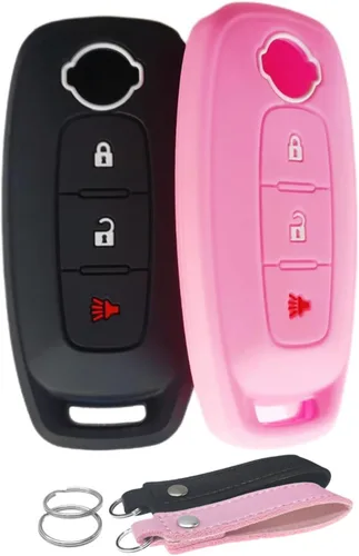 Funda de silicona para llavero sin llave, compatible con Nissan Pathfinder Rogue 2023 2024 - 3 botones (negro + rosa)
