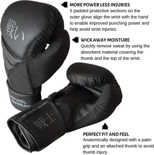 Miniatura 4 de Steel Sweat Guantes de boxeo – Guantes de entrenamiento para boxeo, sparring, kickboxing y Muay Thai – Hombres y mujeres – Senshi Black 10 oz