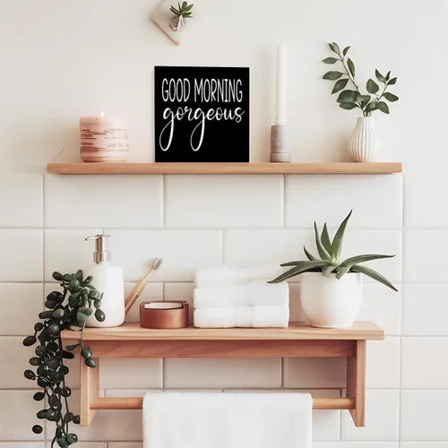 Miniatura 7 de Divertido letrero de madera negra para baño, con texto en inglés "Good Morning Gorgeous Wood Block" para baño, estante de baño, baño, hogar, mesa