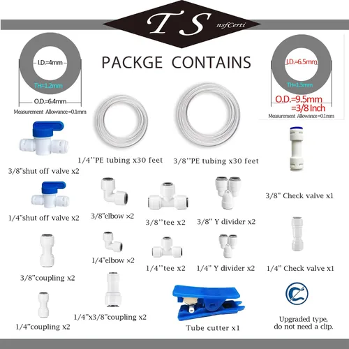 Miniatura 2 de NSF 1/4" y 3/8" Tubo de línea de agua y accesorios de conexión por empuje para filtro de agua de ósmosis inversa RO, 25 piezas de conectores + 30