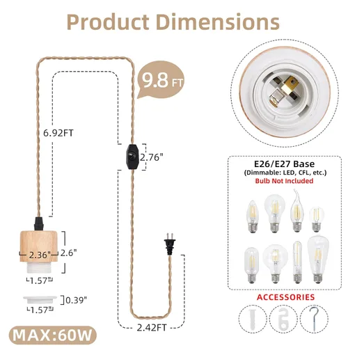 Miniatura 4 de Arturesthome Kit de cable de luz colgante de 9.8 pies con interruptor regulable, lámpara vintage, cable de nailon trenzado E26 E27, casquillo
