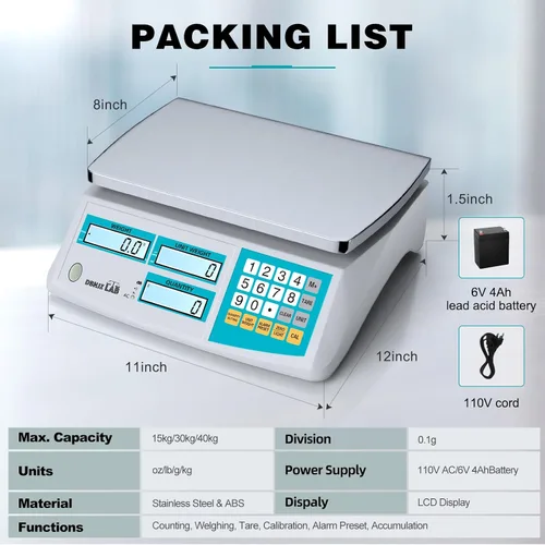 Miniatura 4 de Báscula de conteo industrial 30kg/66lb x 0.1g Báscula de gramo digital de alta precisión para inventario y conteo con batería, alimentación DC/AC