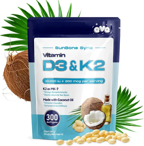 300 Piezas 2 en 1 Vitamina D3 10000 iu Plus K2 (MK-7) 200 mcg Cápsulas Blandas de Aceite de Coco Virgen con Vitaminas D y K Apoya la Absorción de