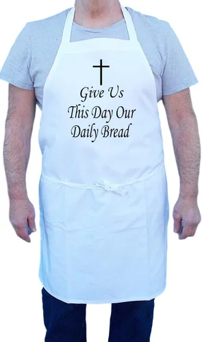 Miniatura 2 de CoolAprons Delantal cristiano Give Us This Day Our Daily Bread, delantales de cocina blancos, lazos extra largos