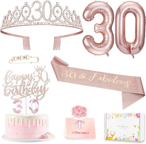 Decoraciones de cumpleaños de 30 años para ella, banda y corona de cumpleaños de 30 años, adorno para pastel de cumpleaños y velas, tarjeta