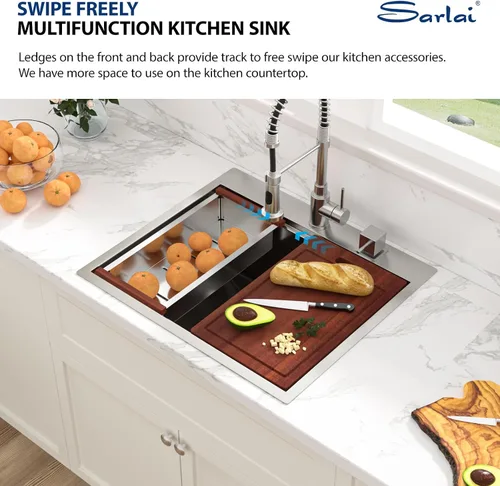Miniatura 4 de Sarlai - Fregadero de cocina de 25 pulgadas, estación de trabajo con caída, de 25 x 22 pulgadas, de montaje superior, estante de acero inoxidable