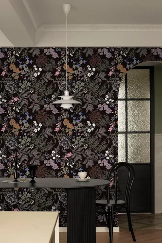Miniatura 2 de Papel Tapiz de Despegar y Pegar Papel Tapiz Floral Negro Papel de Contacto de Hojas Florales Oscuras para Gabinete Vintage Autoadhesivo Removible