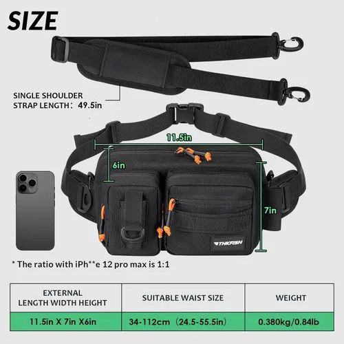 Miniatura 4 de THKFISH Riñonera de pesca - Riñonera impermeable para mujeres y hombres - Bolsa portátil para pesca al aire libre y con mosca (negro, grande)