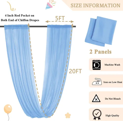 Miniatura 6 de MODFUNS Cortinas de boda para decoración de techo, cortinas de arco de boda azul bebé, 5 x 20 pies, 2 paneles de gasa transparente, cortina de tul
