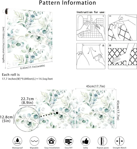 Miniatura 9 de Floralplus Papel tapiz autoadhesivo de hojas de eucalipto bohemio para baño, apto para inquilinos, papel tapiz extraíble, papel adhesivo adhesivo
